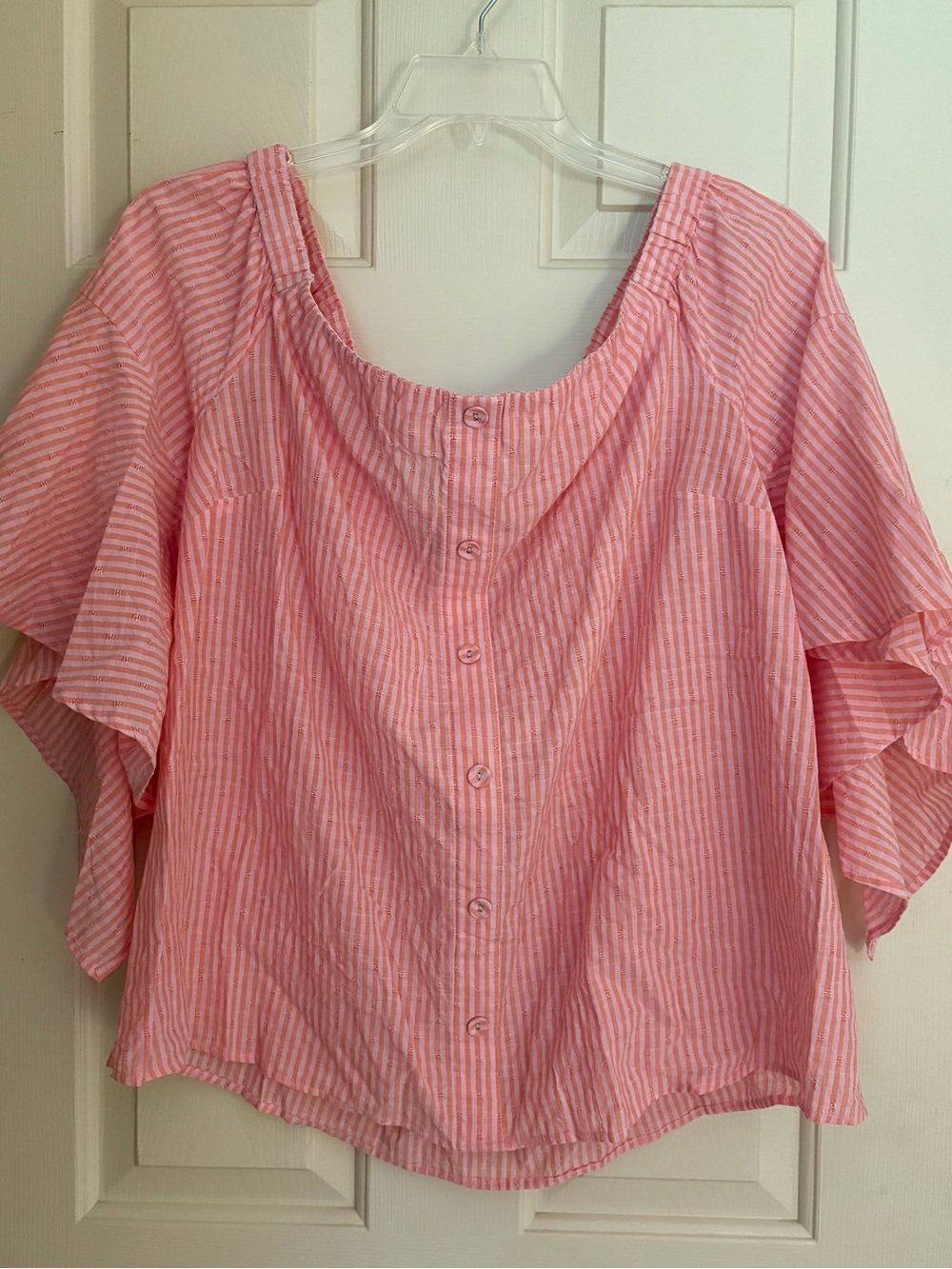Lane Bryant 14/16 Pink Stripe Off Shoulder Blouse with Bell Sleeves